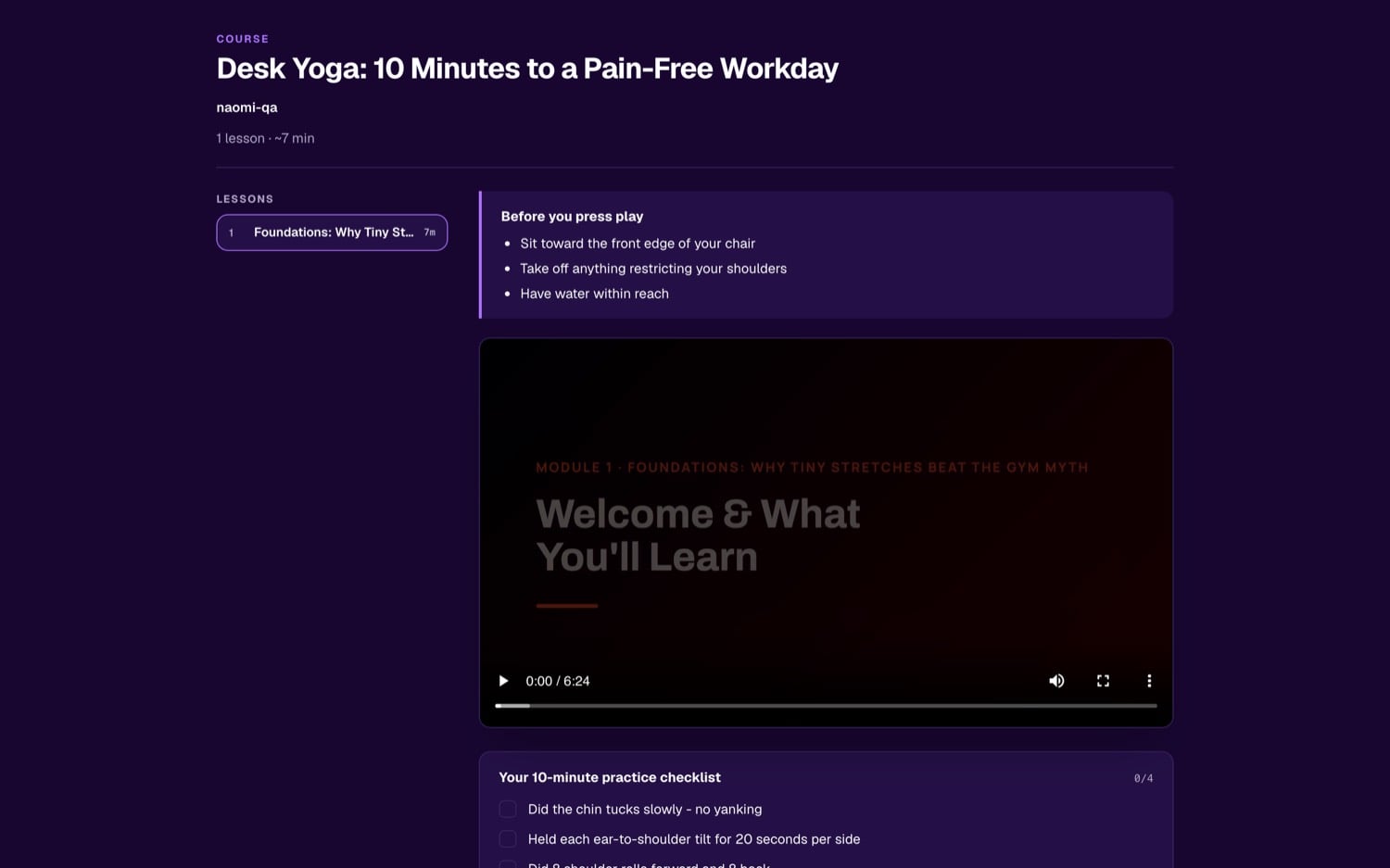 A finished Loquy course page live on one link