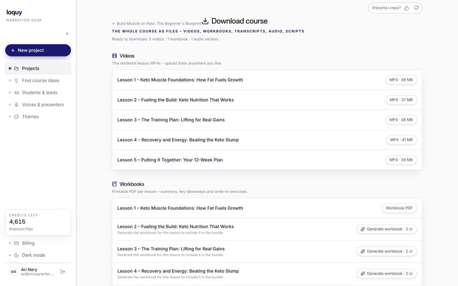 The Loquy download screen - videos, workbooks, transcripts, audio, scripts