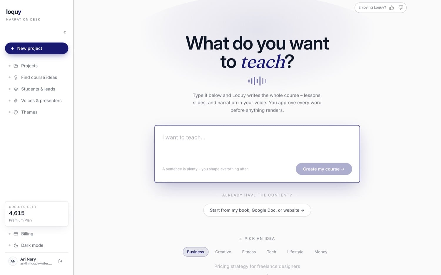 Loquy's new project screen - type an idea or start from your book, Google Doc, or website