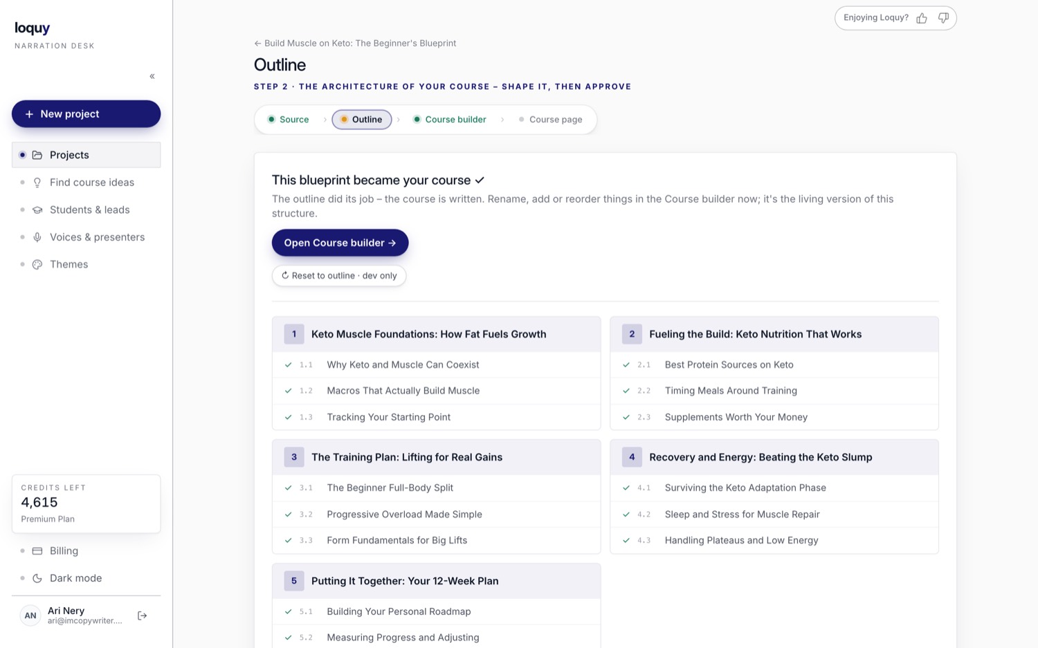 Loquy outline editor with named modules and lessons