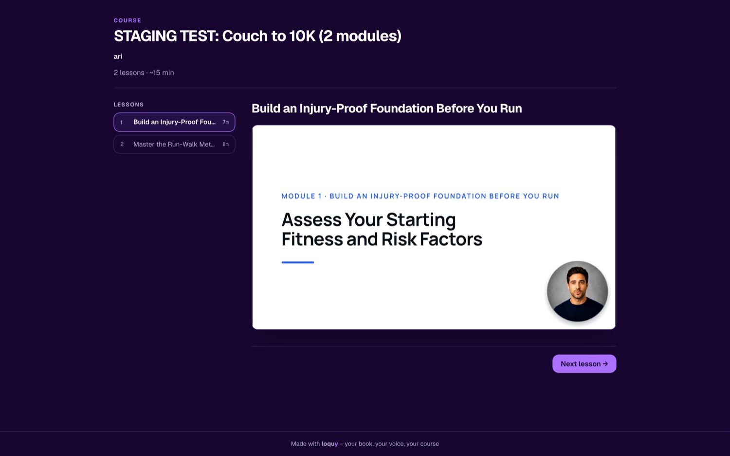 A rendered Loquy lesson playing